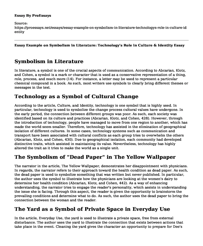 Essay Example on Symbolism in Literature: Technology's Role in Culture & Identity