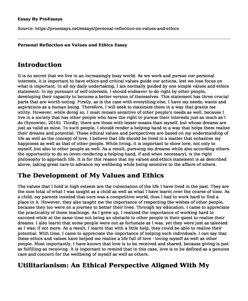 Personal Reflection on Values and Ethics