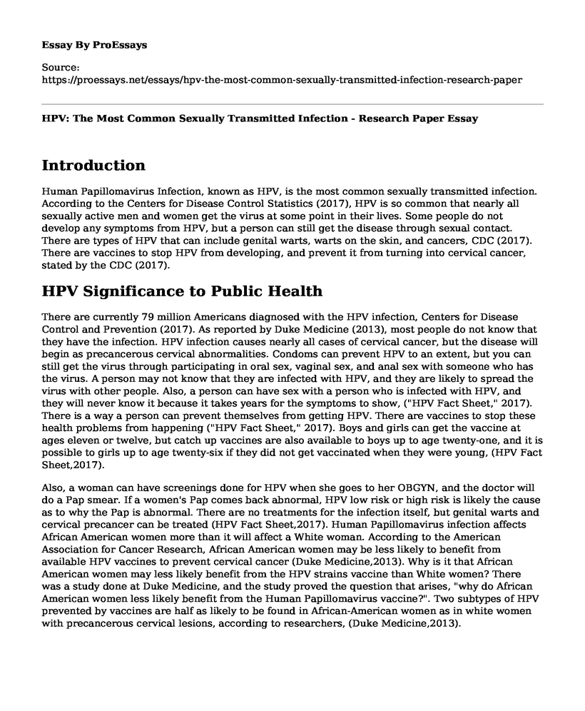 HPV: The Most Common Sexually Transmitted Infection - Research Paper