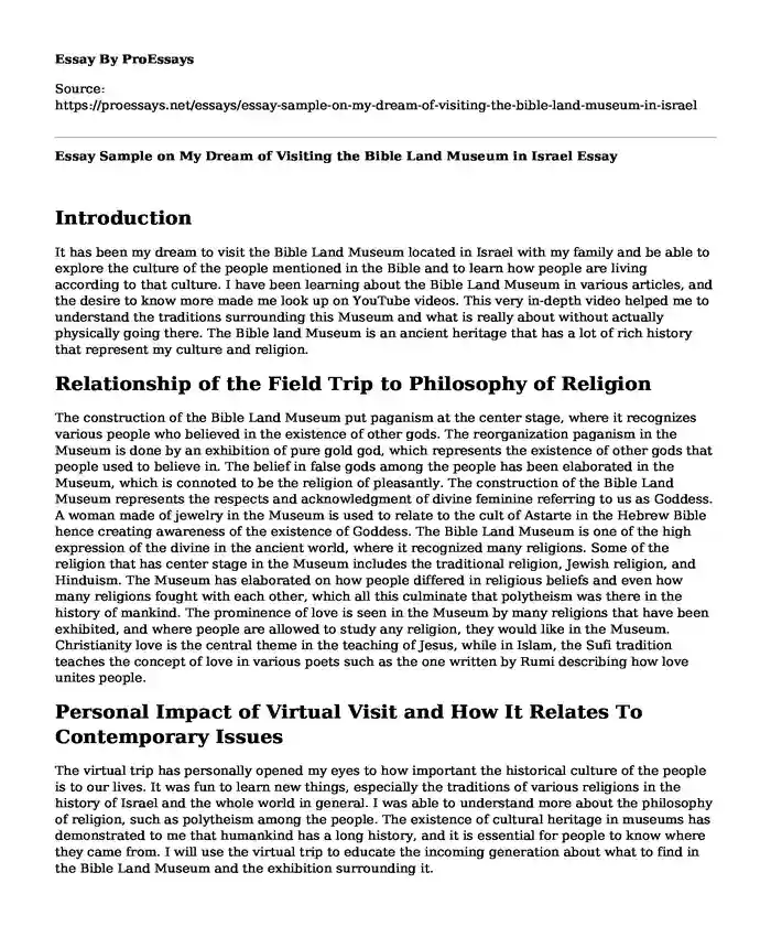 Essay Sample on My Dream of Visiting the Bible Land Museum in Israel