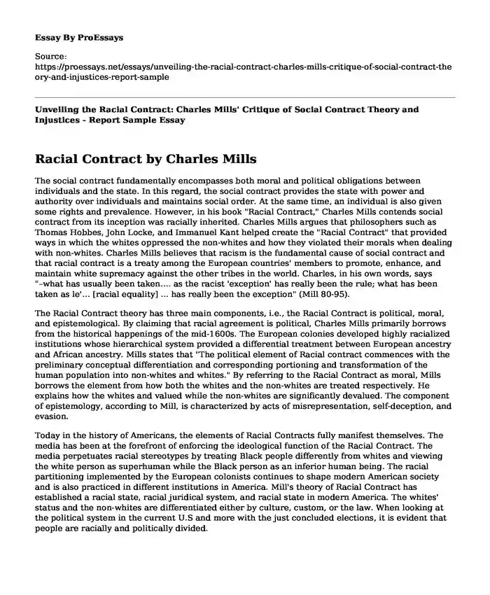 Unveiling the Racial Contract: Charles Mills' Critique of Social Contract Theory and Injustices - Report Sample