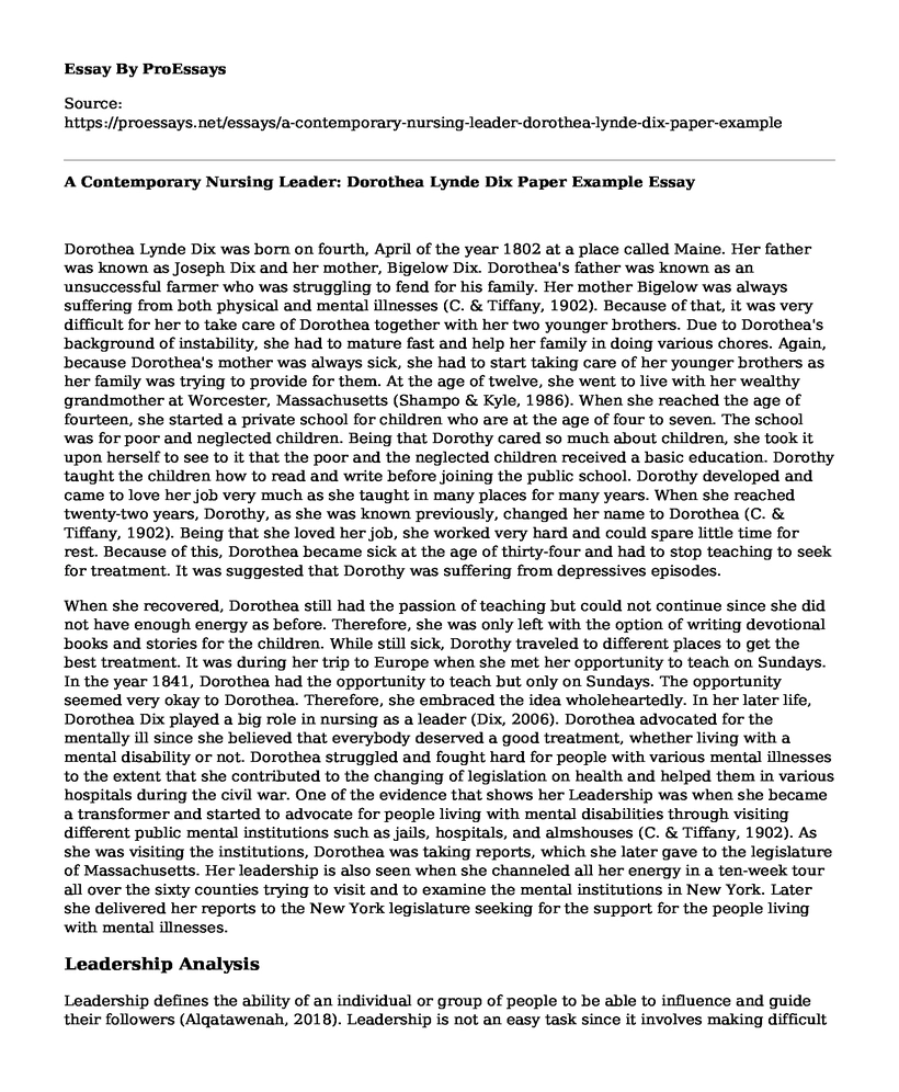A Contemporary Nursing Leader: Dorothea Lynde Dix Paper Example