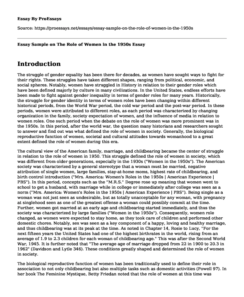Essay Sample on The Role of Women in the 1950s