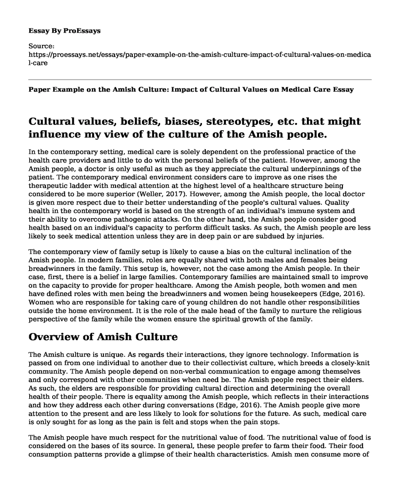 Paper Example on the Amish Culture: Impact of Cultural Values on Medical Care
