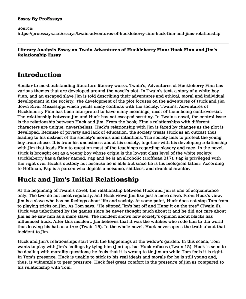 Literary Analysis Essay on Twain Adventures of Huckleberry Finn: Huck Finn and Jim's Relationship