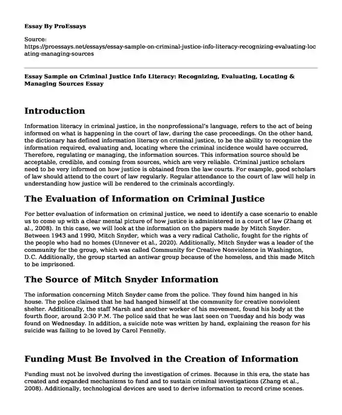 Essay Sample on Criminal Justice Info Literacy: Recognizing, Evaluating, Locating & Managing Sources