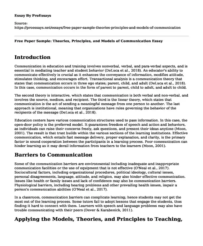 Free Paper Sample: Theories, Principles, and Models of Communication