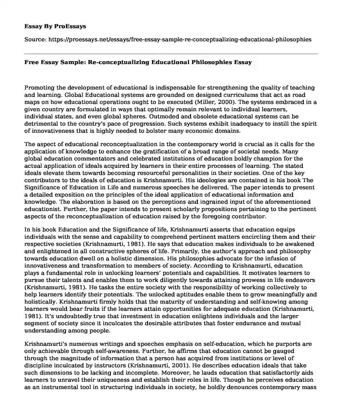 Free Essay Sample: Re-conceptualizing Educational Philosophies