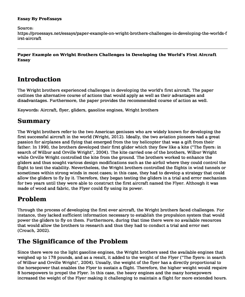 Paper Example on Wright Brothers Challenges in Developing the World's First Aircraft