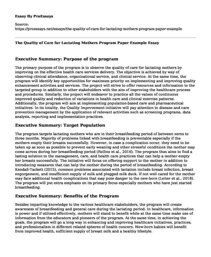 The Quality of Care for Lactating Mothers Program Paper Example