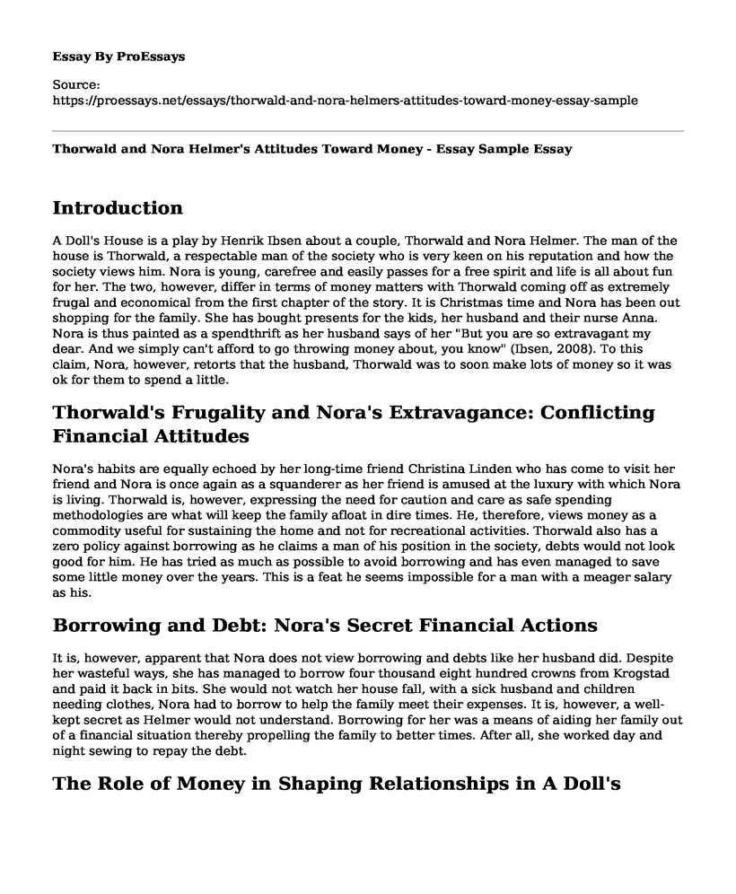 Thorwald and Nora Helmer's Attitudes Toward Money - Essay Sample