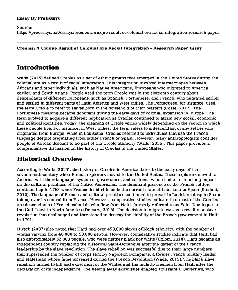 Creoles: A Unique Result of Colonial Era Racial Integration - Research Paper