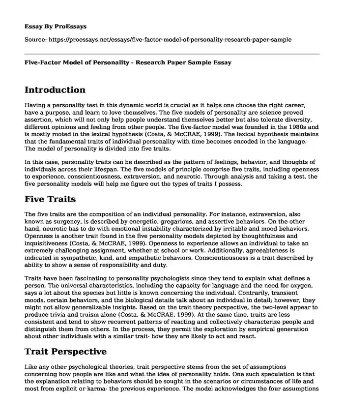 Five-Factor Model of Personality - Research Paper Sample