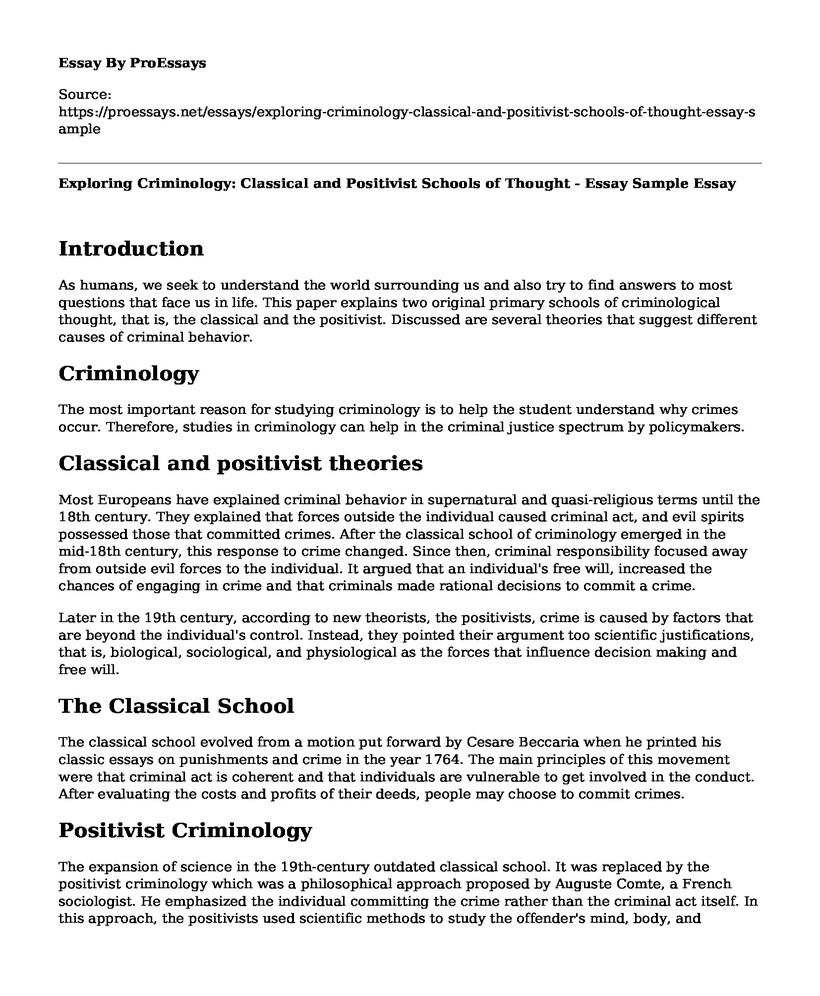 Exploring Criminology: Classical and Positivist Schools of Thought - Essay Sample