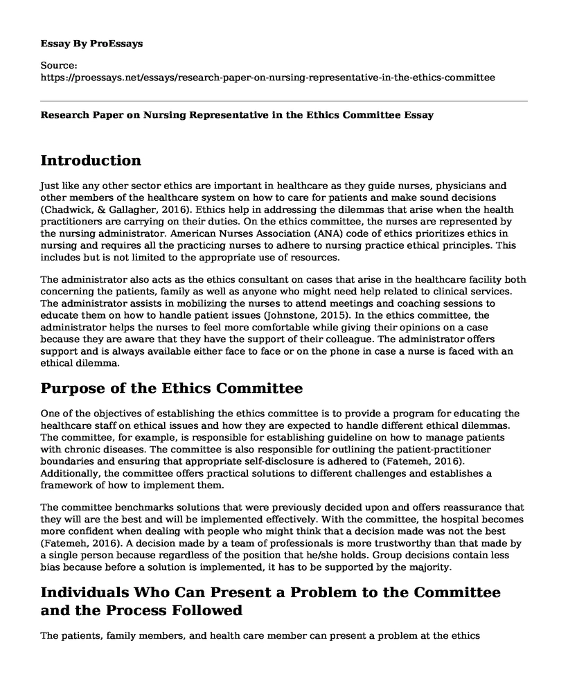 Research Paper on Nursing Representative in the Ethics Committee