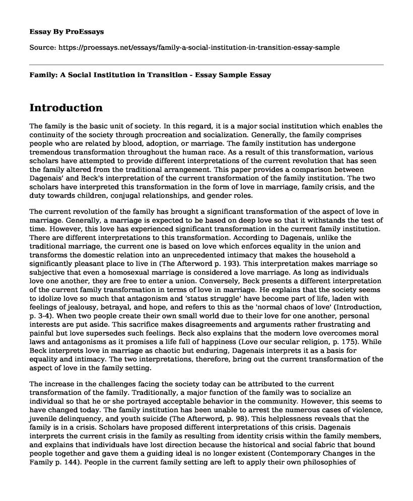 Family: A Social Institution in Transition - Essay Sample