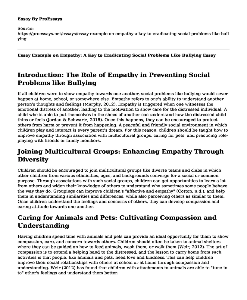 Essay Example on Empathy: A Key to Eradicating Social Problems Like Bullying