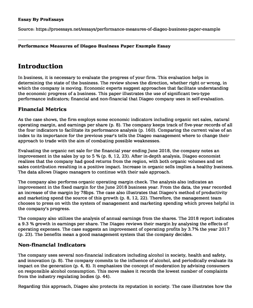 Performance Measures of Diageo Business Paper Example