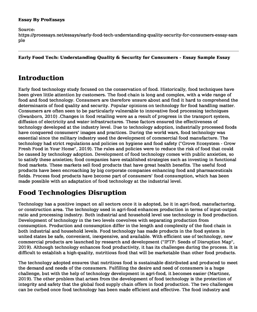 Early Food Tech: Understanding Quality & Security for Consumers - Essay Sample