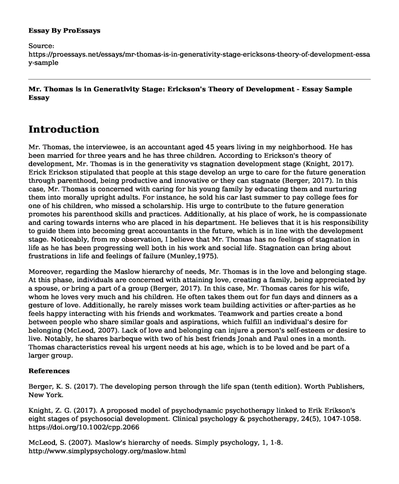 Mr. Thomas is in Generativity Stage: Erickson's Theory of Development - Essay Sample