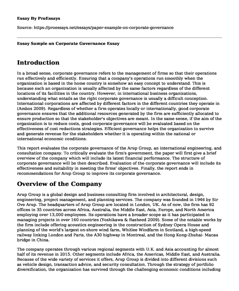 Essay Sample on Corporate Governance