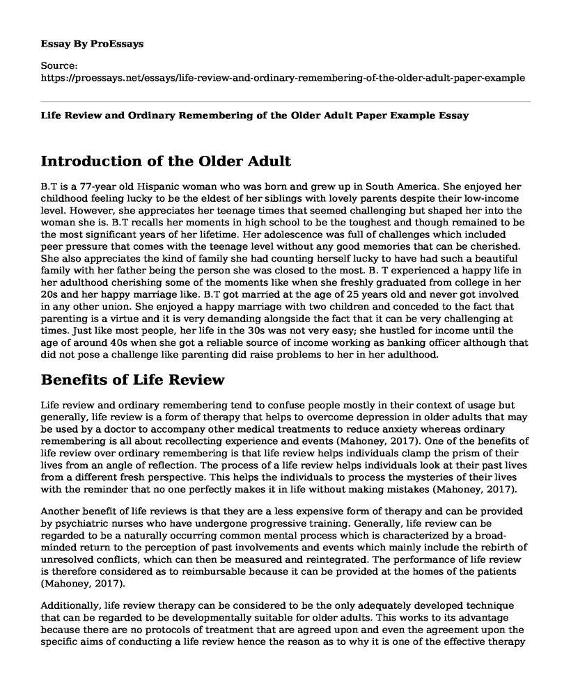 Life Review and Ordinary Remembering of the Older Adult Paper Example