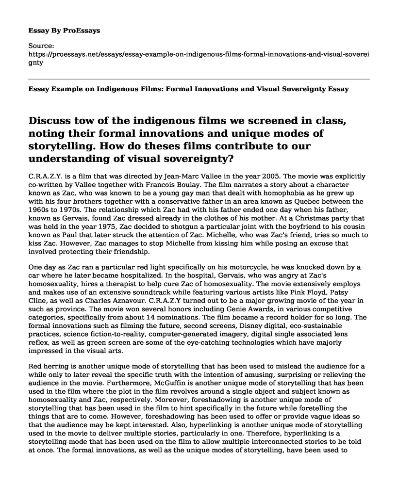 Essay Example on Indigenous Films: Formal Innovations and Visual Sovereignty