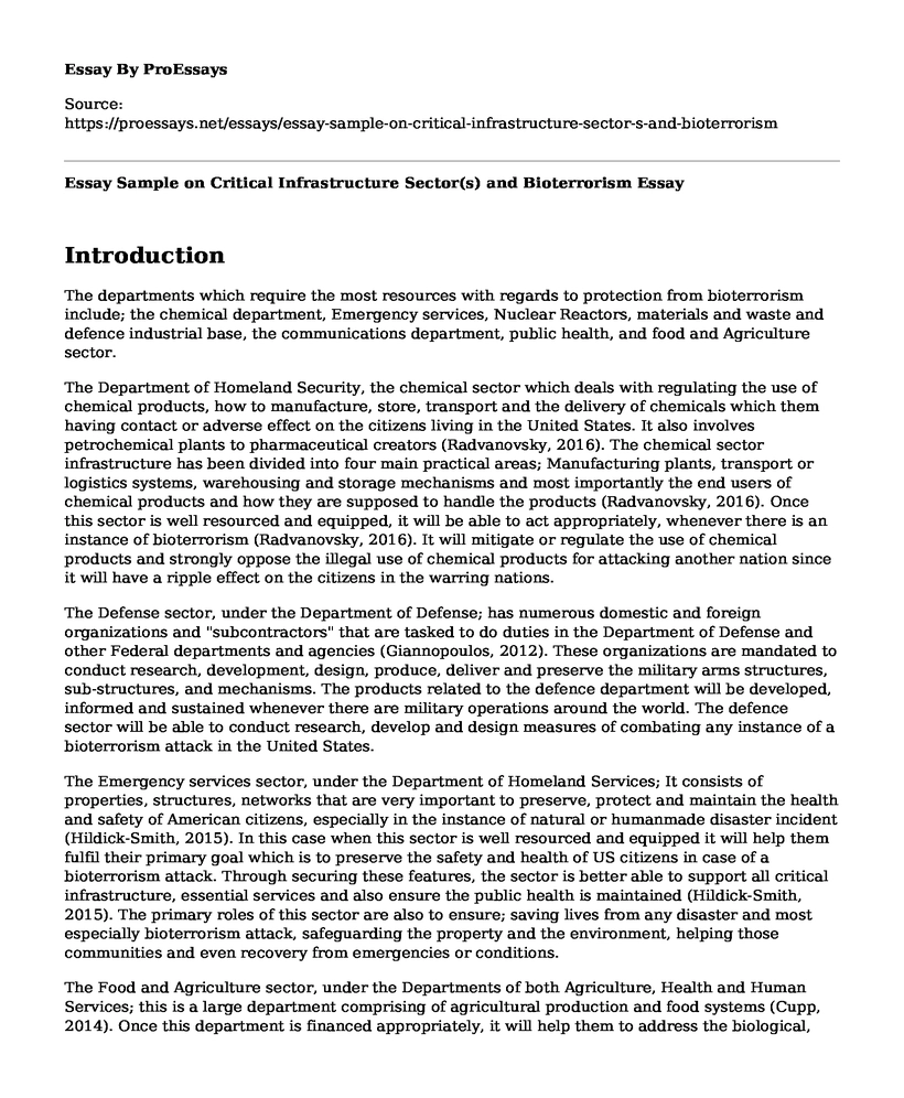 Essay Sample on Critical Infrastructure Sector(s) and Bioterrorism