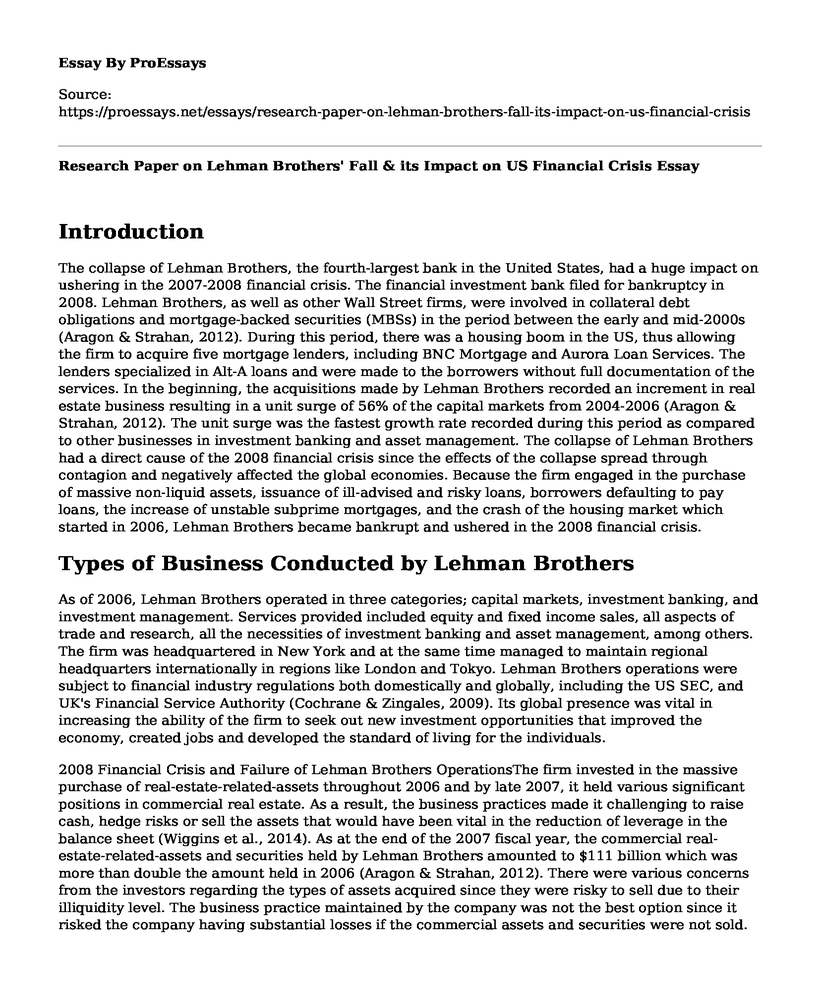 Research Paper on Lehman Brothers' Fall & its Impact on US Financial Crisis