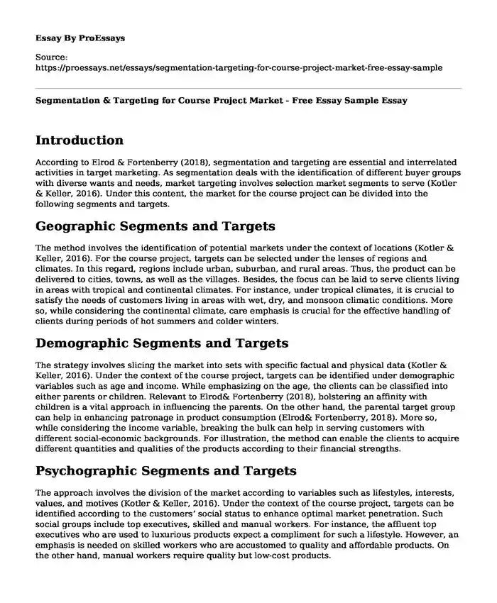 Segmentation & Targeting for Course Project Market - Free Essay Sample