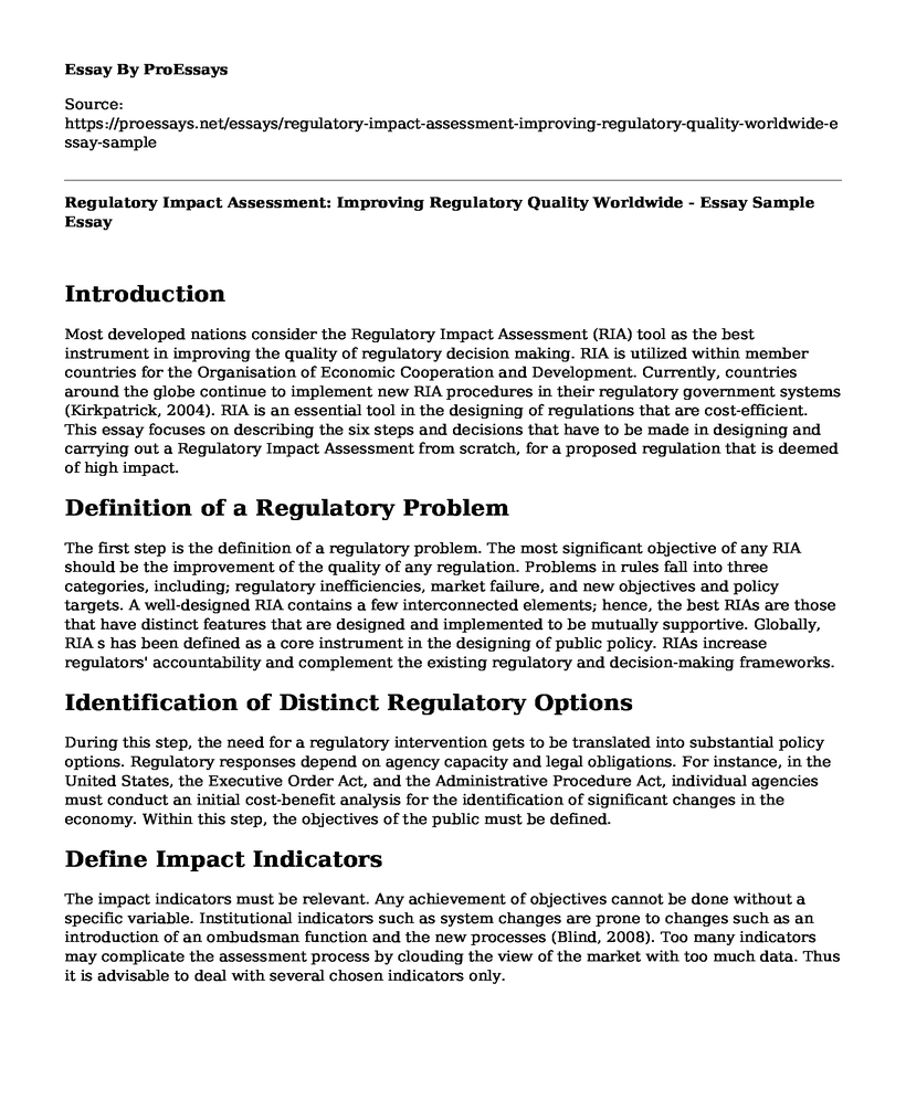 Regulatory Impact Assessment: Improving Regulatory Quality Worldwide - Essay Sample