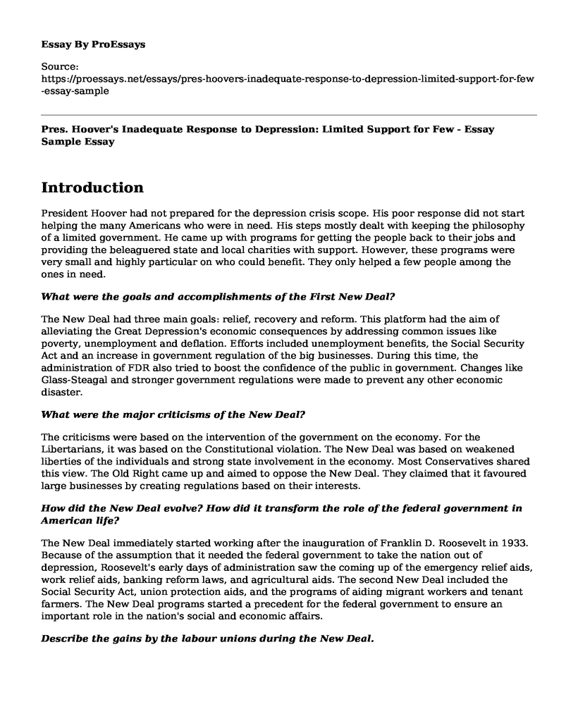 Pres. Hoover's Inadequate Response to Depression: Limited Support for Few - Essay Sample