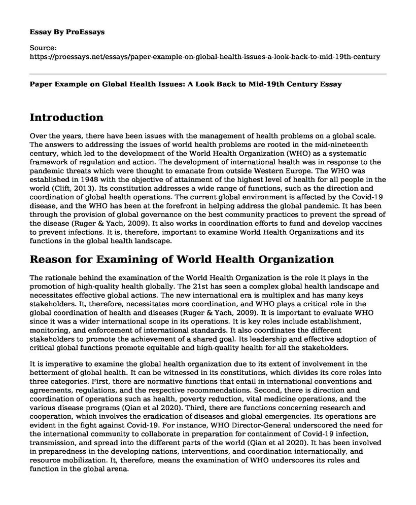 Paper Example on Global Health Issues: A Look Back to Mid-19th Century