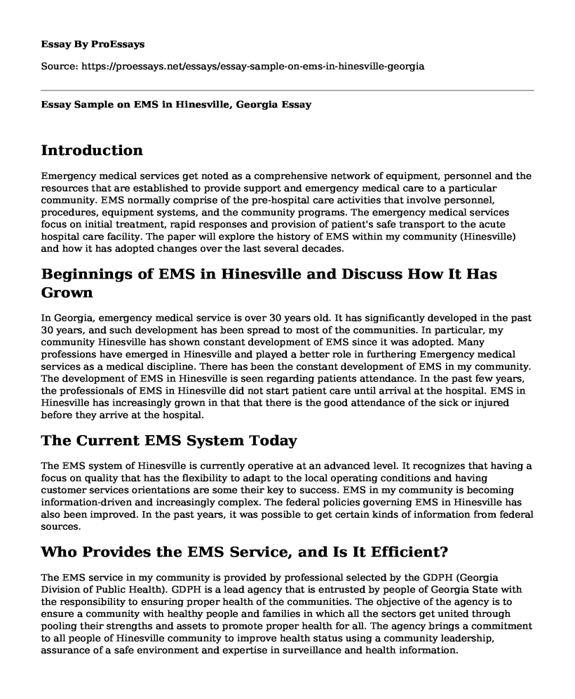 Essay Sample on EMS in Hinesville, Georgia