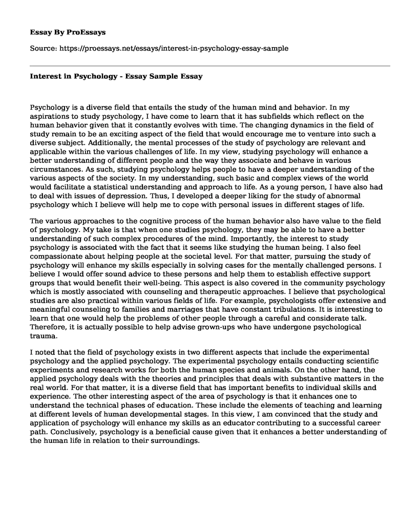 Interest in Psychology - Essay Sample