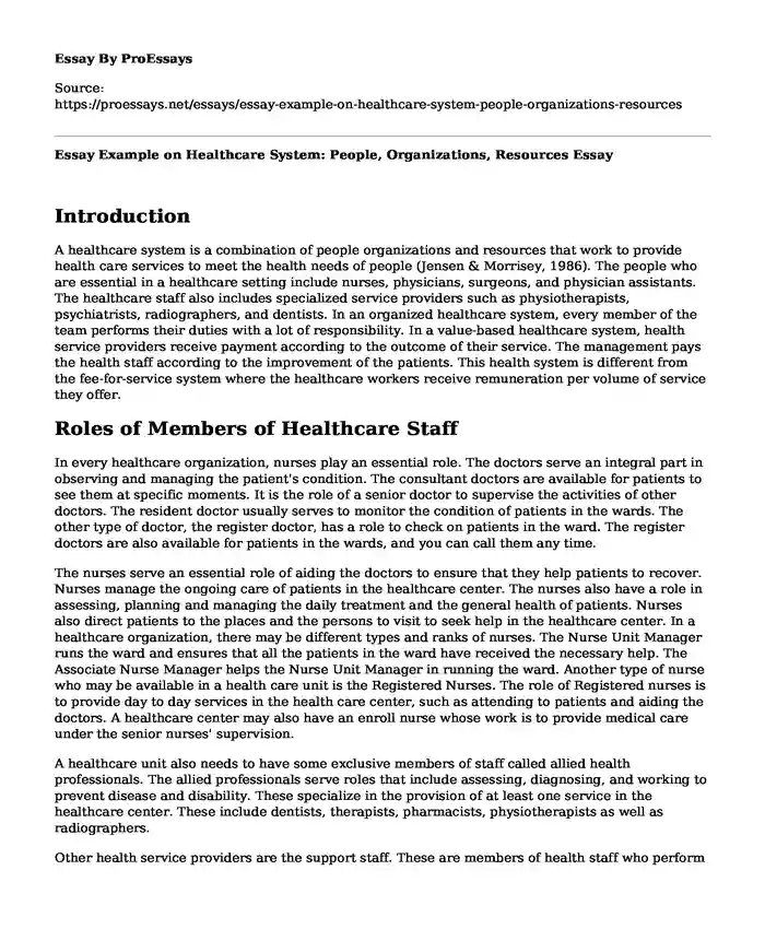 Essay Example on Healthcare System: People, Organizations, Resources