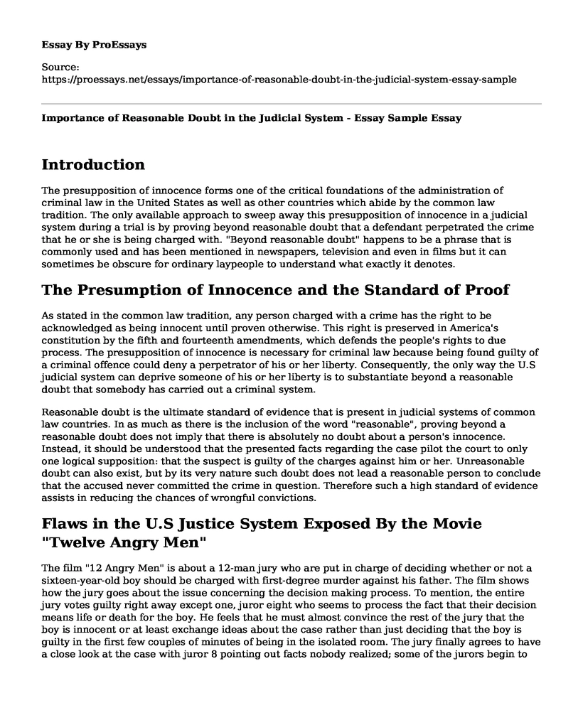 Importance of Reasonable Doubt in the Judicial System - Essay Sample