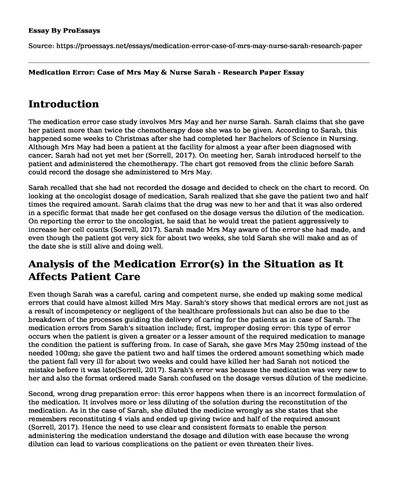 Medication Error: Case of Mrs May & Nurse Sarah - Research Paper