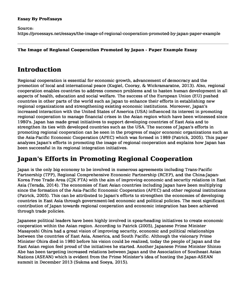 The Image of Regional Cooperation Promoted by Japan - Paper Example