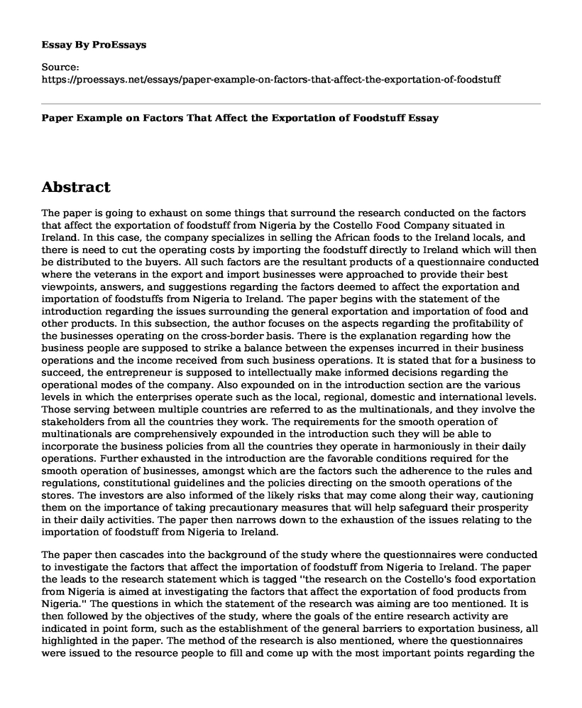 Paper Example on Factors That Affect the Exportation of Foodstuff 
