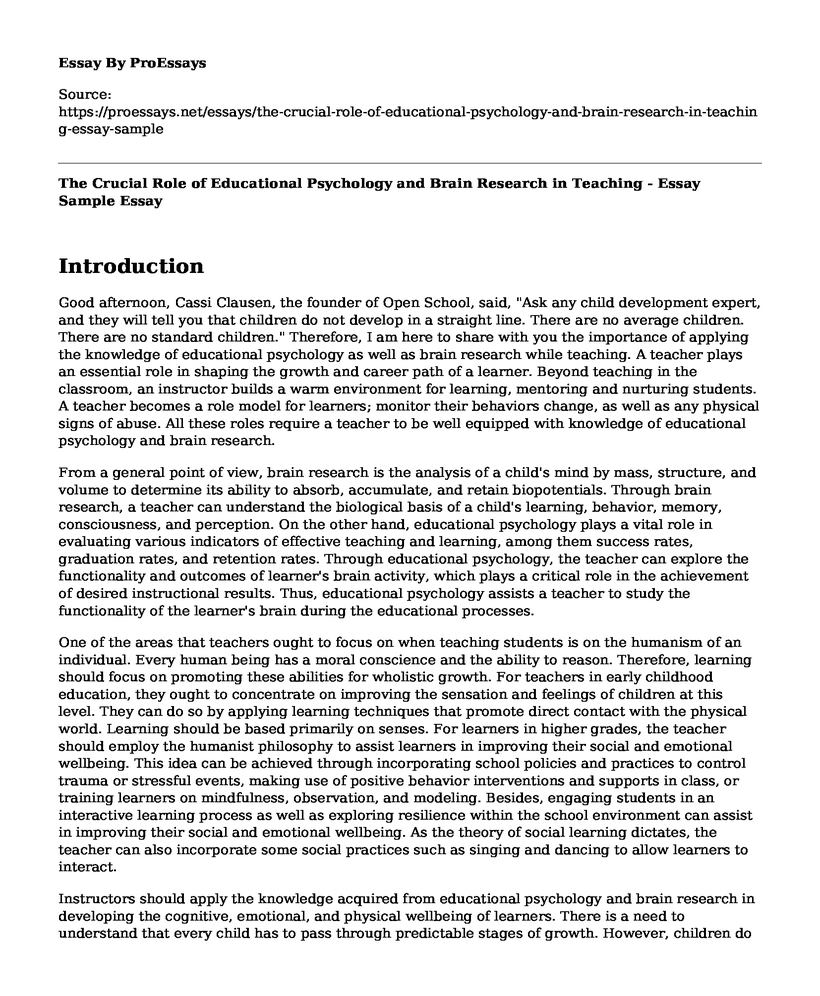 The Crucial Role of Educational Psychology and Brain Research in Teaching - Essay Sample