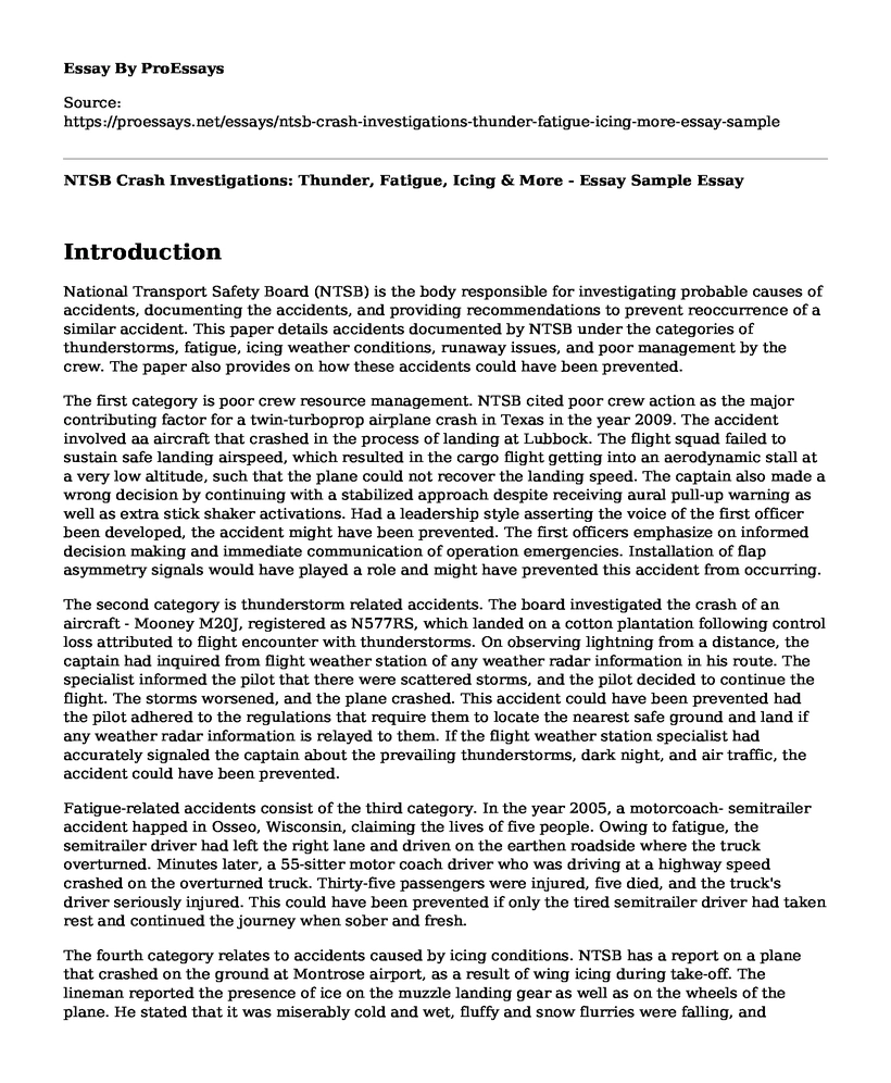 NTSB Crash Investigations: Thunder, Fatigue, Icing & More - Essay Sample