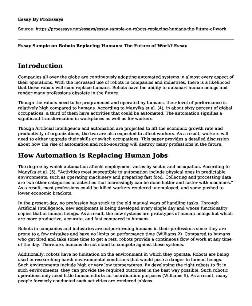 Essay Sample on Robots Replacing Humans: The Future of Work?