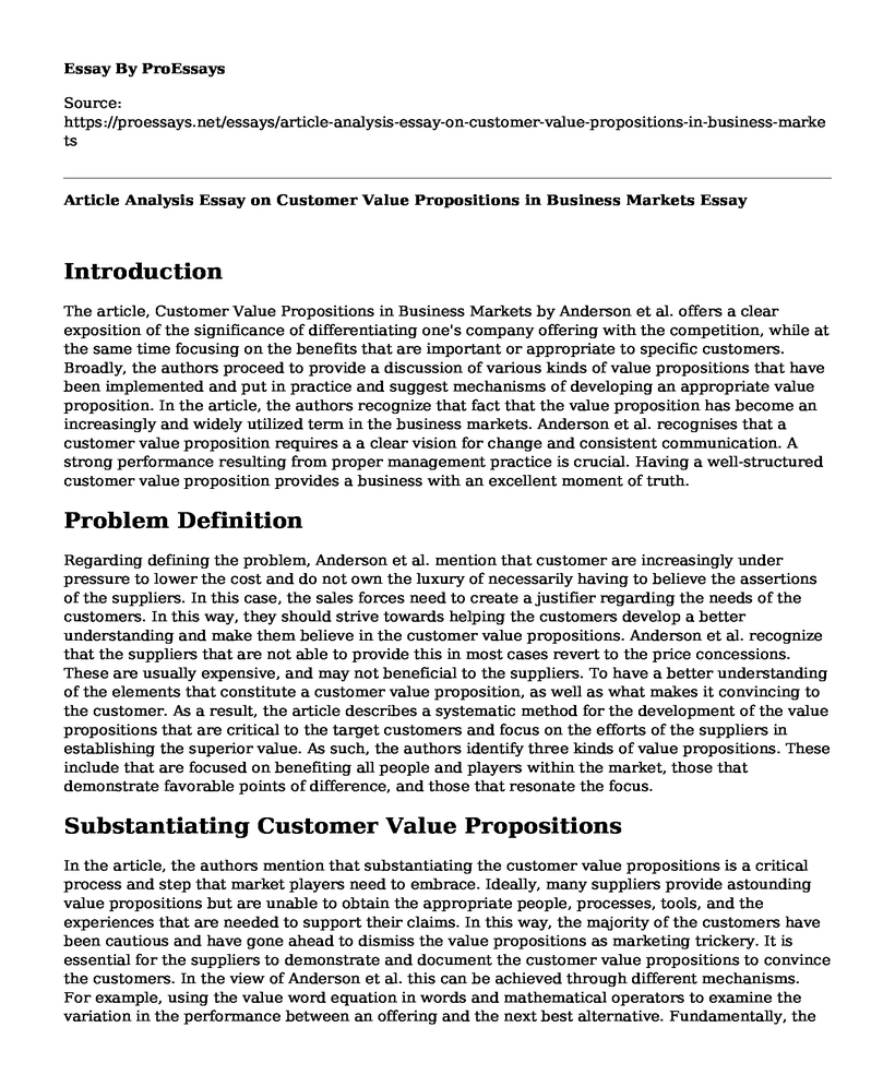 Article Analysis Essay on Customer Value Propositions in Business Markets