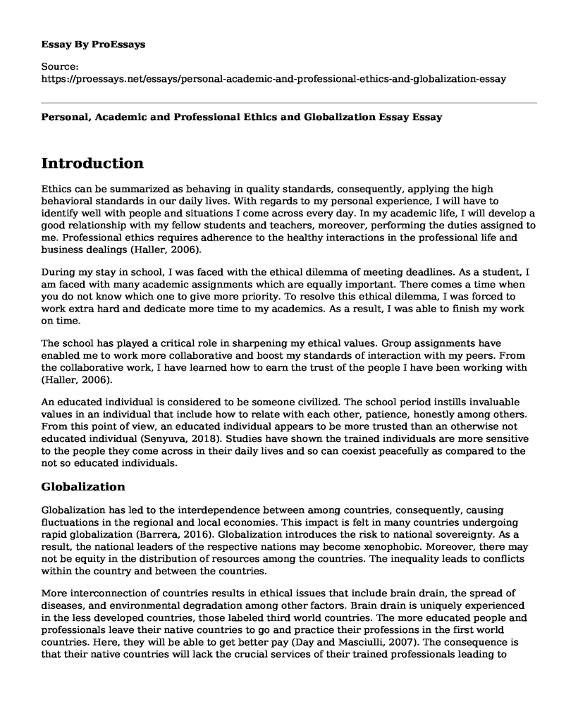Personal, Academic and Professional Ethics and Globalization Essay