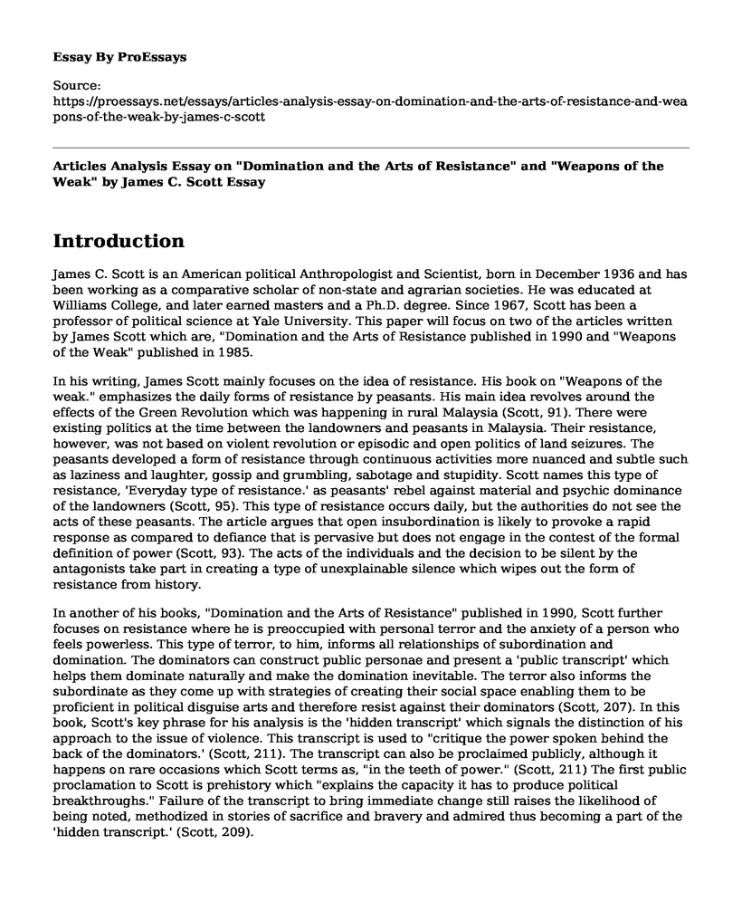 Articles Analysis Essay on "Domination and the Arts of Resistance" and "Weapons of the Weak" by James C. Scott