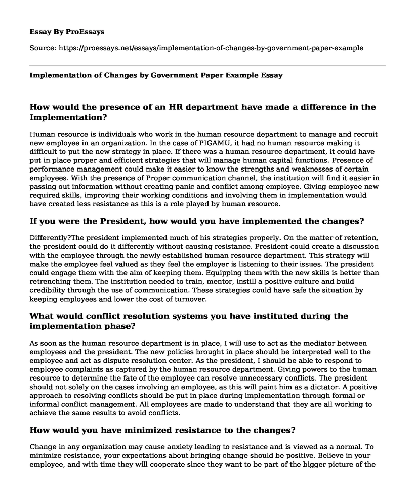 Implementation of Changes by Government Paper Example