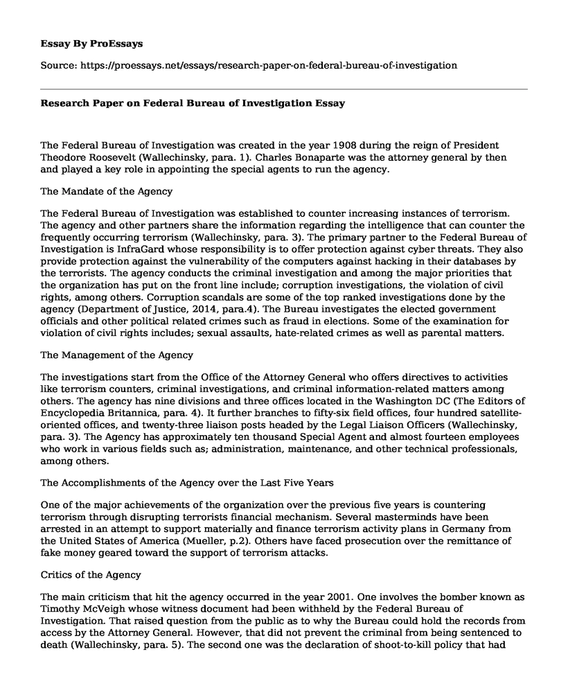 Research Paper on Federal Bureau of Investigation