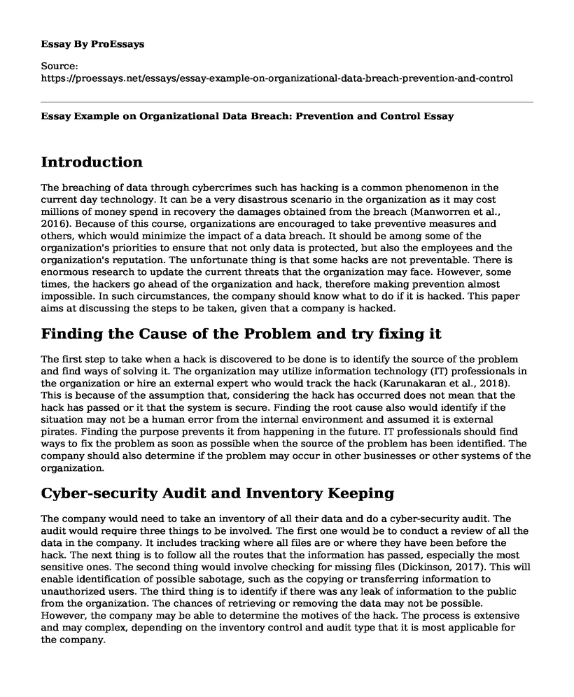 Essay Example on Organizational Data Breach: Prevention and Control