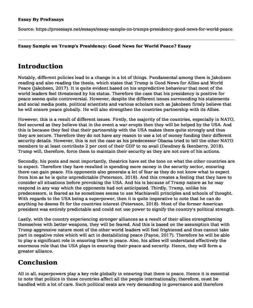 Essay Sample on Trump's Presidency: Good News for World Peace?